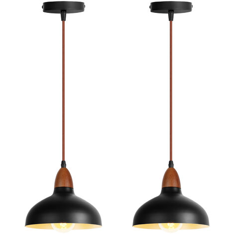 Lot de 2 Suspension Lampe Moderne E27 Suspension Luminaire en Métal Bois Plafonnier Noir pour Chambre Salon Cuisine Salle - Noir