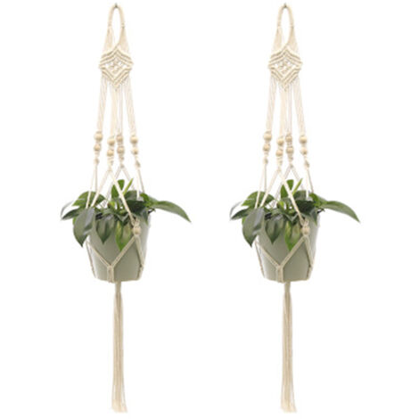Lot de 2 suspensions pour plantes en macramé, pour intérieur et extérieur, en corde de coton, avec filet à fleurs tricoté à la main, style 3.