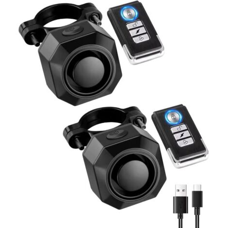 Lot de 2 systèmes d'alarme de vélo rechargeables sans fil pour vélo électrique, moto, scooter, voiture, Tailer USB-C Rechargeable