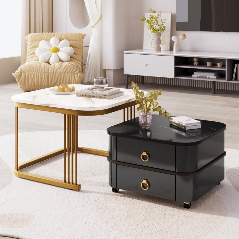 Dans Les Nuages - Lot de 2 Table basse gigogne 60 cm, carré, avec 2 tiroirs, plateau de effet marbre, Roues, poignées en Métal, Table de Salon en