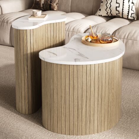 Lot de 2 table basse gigogne - 60x37x37+40x35x50cm - palteau marbre, aspect bois - scandinave - naturel et blanc