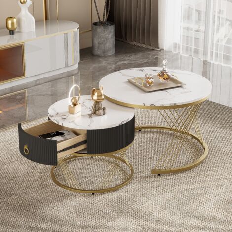 Lot de 2 Table basse gigogne 70 cm, ronde, avec tiroirs, plateau de effet marbre, cadre en métal doré, Table d'appoint de Salon en bois - Blanc