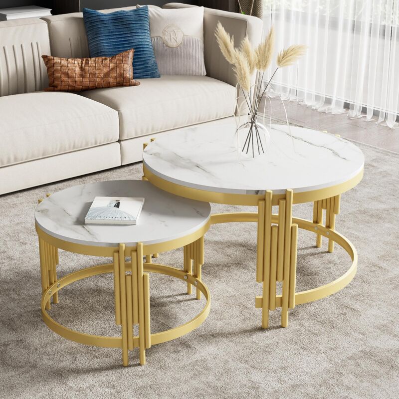 Dans Les Nuages - Lot de 2 Table basse gigogne 71.5 cm, rond, avec plateau de effet marbre, cadre en métal doré, Table de Salon en bois - Blanc