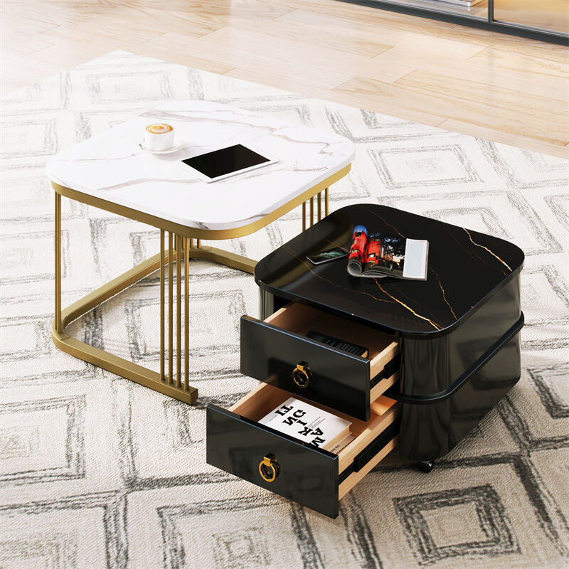 Lot de 2 table basse gigogne, aspect marbre brillant, accents dorés, avec 2 tiroirs, 60x60x45cm+50x50x34cm, noir