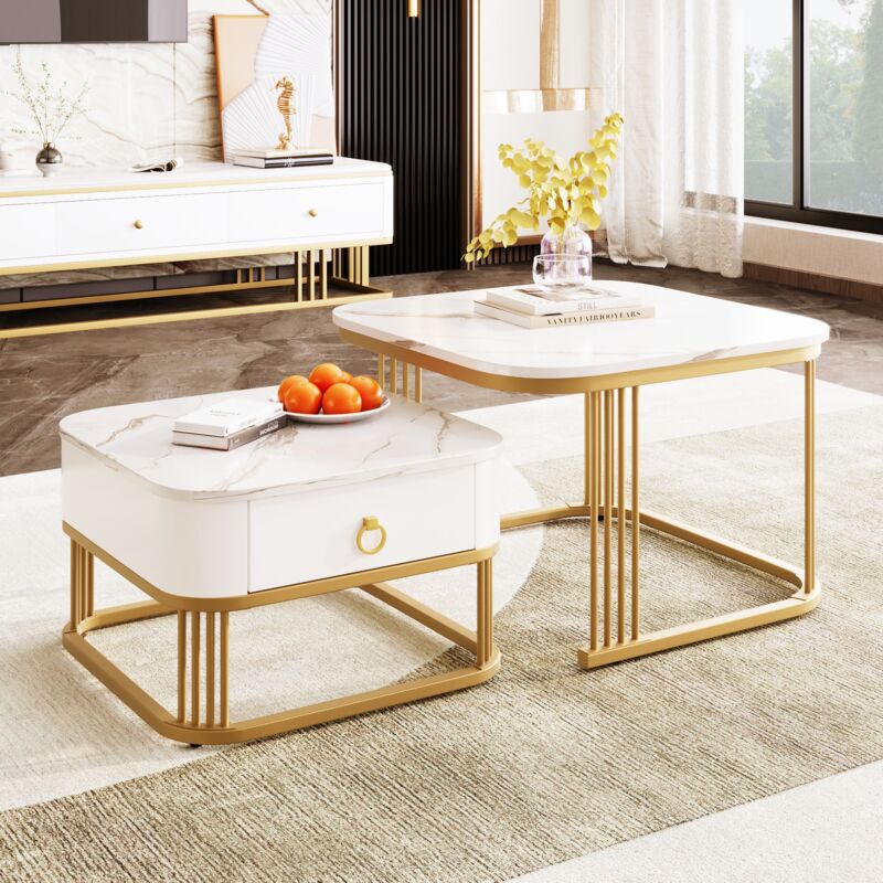 Lot de 2 Table basse gigogne, carrée, 60 cm, avec plateau de effet marbre, brillante, tiroirs, pieds en métal, pour Salon, Manger - Blanc