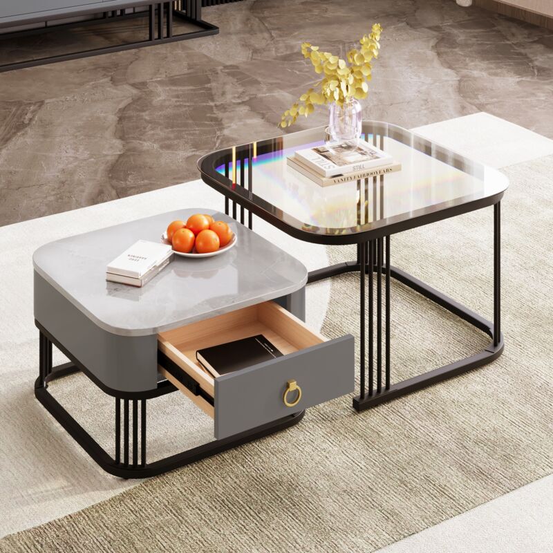 Lot de 2 Table basse gigogne, carrée, 60 cm, avec plateau en verre, tiroirs, rangement, pieds en métal, pour Salon, Manger - Noir