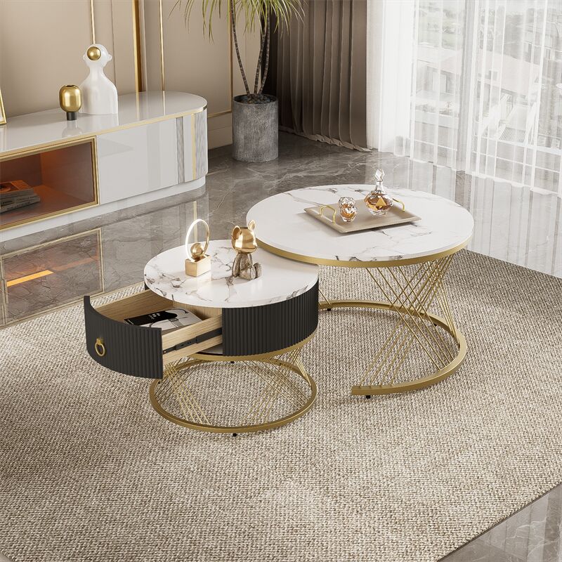 Lot de 2 table basse gigogne, empilable élégante, table d'appoint à décor doré effet marbre avec tiroir, 70x70x45cm+50x50x40cm, blanc