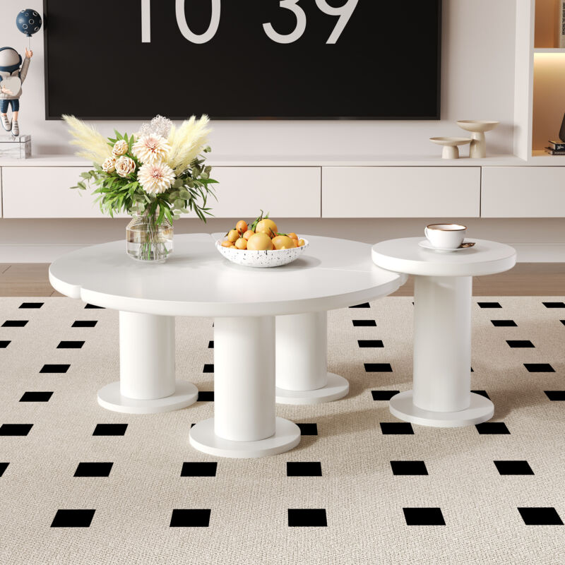 Dans Les Nuages - Lot de 2 Table basse gigogne, rond, avec bords arrondis, pieds cylindriques, texture lisse, scandinave, Table de Salon en bois