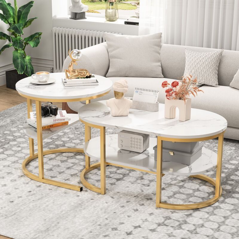 Dans Les Nuages - Lot de 2 Table basse gigogne, rond, ovale, avec 2 étagère, plateau de imitation effet marbre, cadre en métal doré, scandinave,