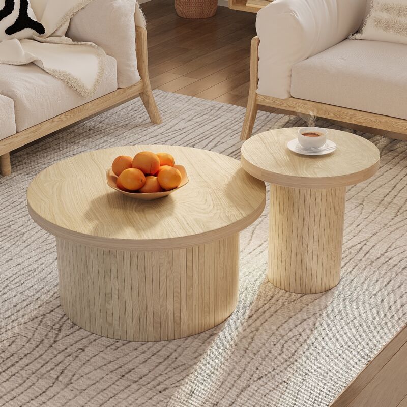 Dans Les Nuages - Lot de 2 Table basse gigogne, ronde, 66 cm, avec pieds de lattes en bois, campagnard, pour meuble salon - naturel