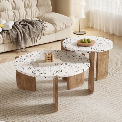 DANS LES NUAGES Lot de 2 Table basse gigogne, ronde, 70 cm, avec plateau de style Design, pieds en bois, pour Salon, Manger - Marron