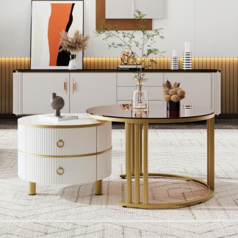 Lot de 2 Table basse gigogne ronde, 70x50 cm - avec plateau en verre brun, 2 tiroirs, design moderne - blanc