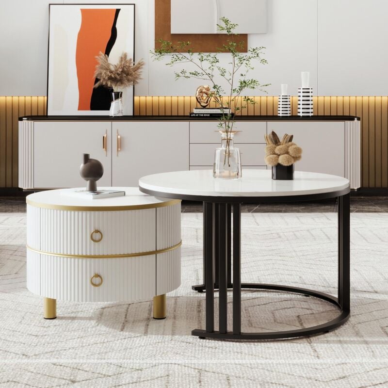 Dans Les Nuages - Lot de 2 Table basse gigogne ronde, 70x50 cm - avec plateau en imitation marbre, 2 tiroirs, design moderne - blanc