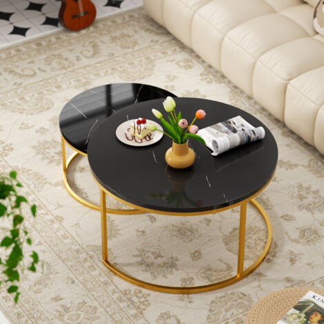 Lot de 2 table basse gigogne ronde classique avec cadre doré et panneau noir