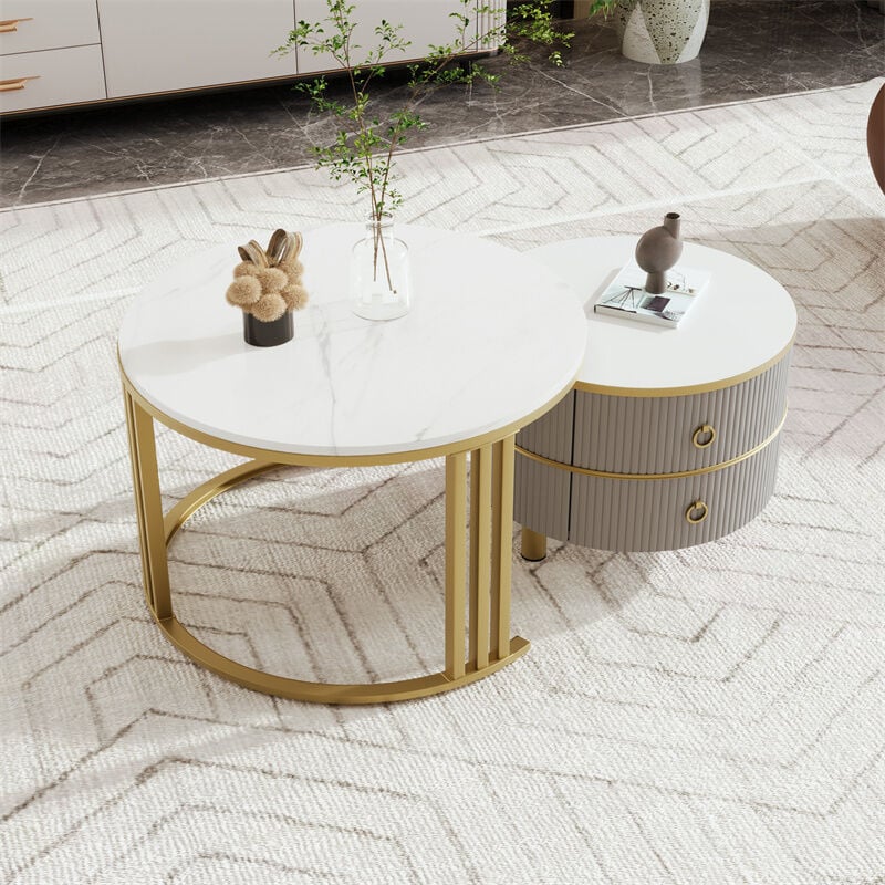 Fortuna Lai - Lot de 2 table basse gigogne ronde, en mdf, avec 2 tiroirs pour salon, 70x70x46 + 50x50x40 cm, pied doré, gris