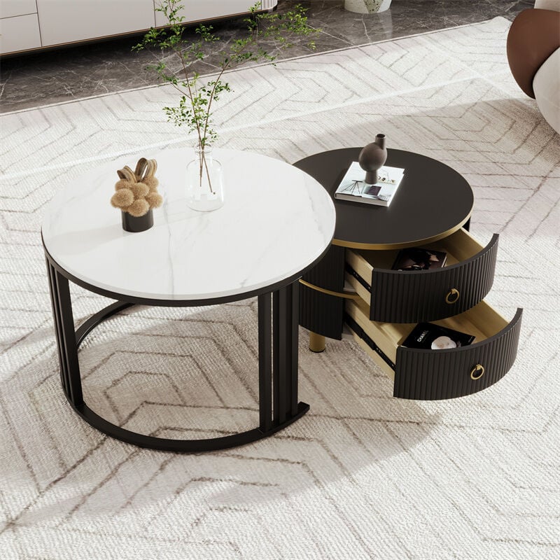 Fortuna Lai - Lot de 2 table basse gigogne ronde, en mdf, avec 2 tiroirs pour salon, 70x70x45 + 50x50x40 cm, pied noir, noir