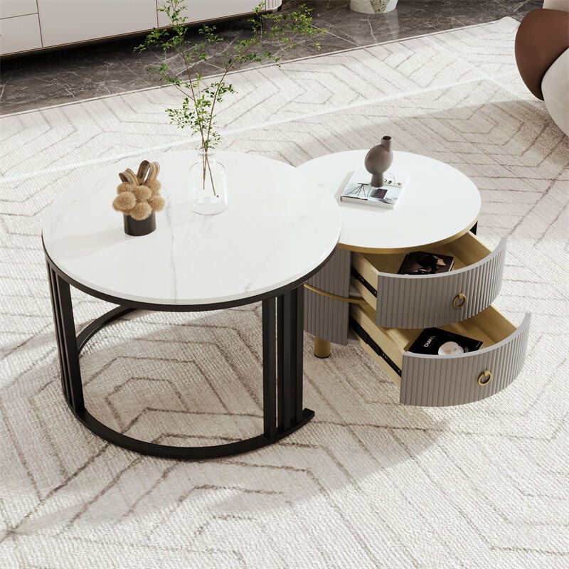 Fortuna Lai - Lot de 2 table basse gigogne ronde, en mdf, avec 2 tiroirs pour salon, 70x70x46 + 50x50x40 cm, pied noir, gris