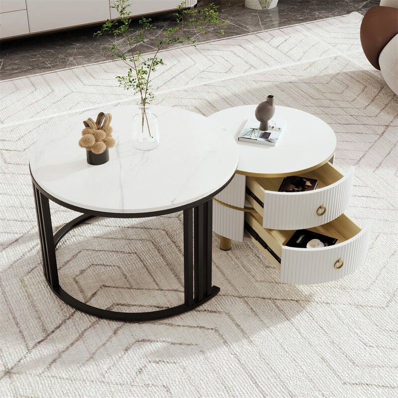 Fortuna Lai - Lot de 2 table basse gigogne ronde, en mdf, avec 2 tiroirs pour salon, 70x70x46 + 50x50x40 cm, pied noir, blanc