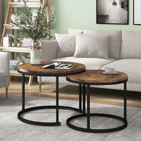 Lot de 2 table basse gigogne, table basse ronde avec aspect de bois, marron foncé, 71x71x50 cm