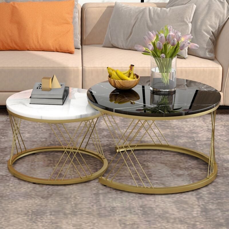 Eifson - Lot de 2 Tables basses gigognes rondes, placage de marbre, structure en métal doré, style contemporain, 70x70x45 cm, 45x45x40 cm - Plateau