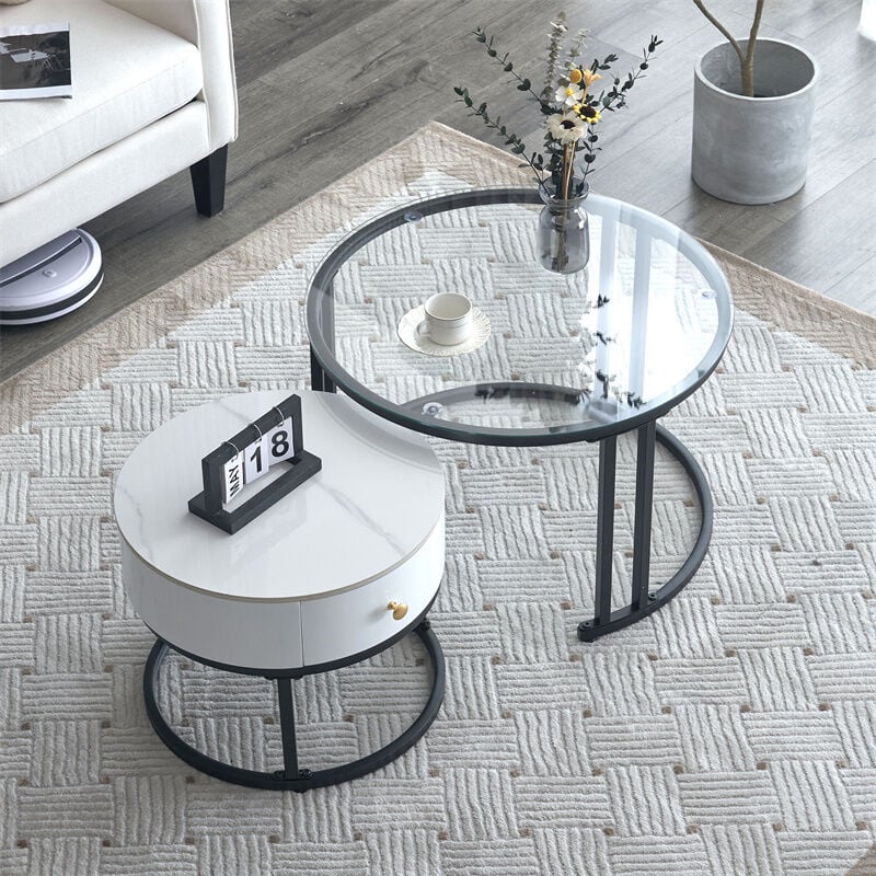 Fortuna Lai - Lot de 2 table basse gigogne - table ronde, cadre en noir plateau en verre et ardoise marbrée blanc avec 1 tiroir - ø70x45,5+ø50x40cm