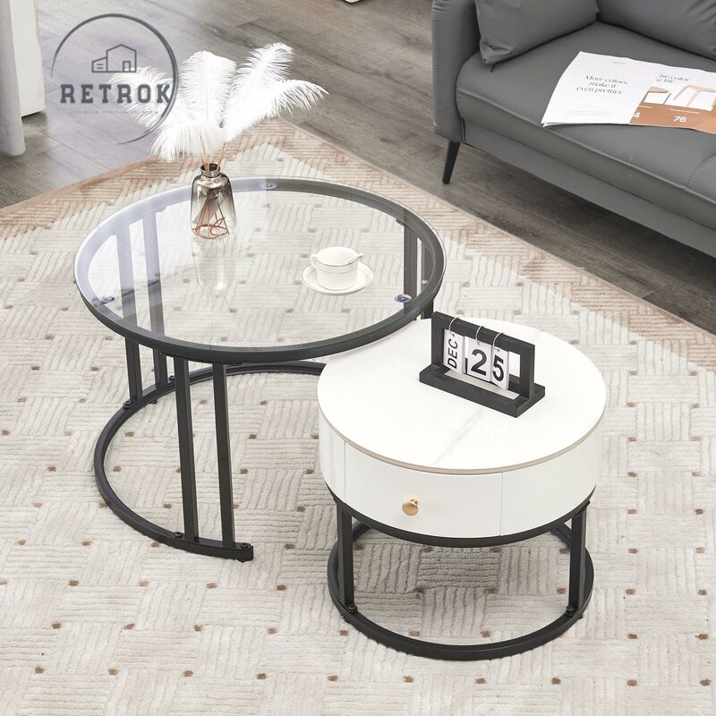 Retrok - Lot de 2 table basse gigogne - table ronde, cadre en noir plateau en verre et ardoise marbrée blanc avec 1 tiroir - ø70x45,5+ø50x40cm