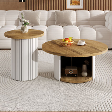 Lot de 2 table basse gugigne - table ronde double - table d'appoint avec plateaux en bois - 75x50/45x35cm - Blanc et Naturel