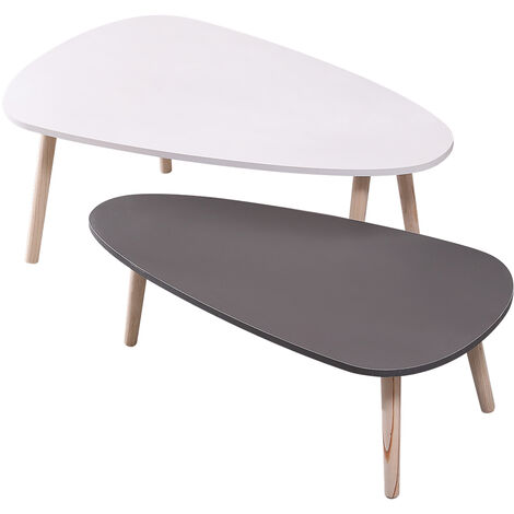 Lot de 2 Table Basse ovale Table d’appoint MDF, Table Basse Gigognes Table d'appoint Design Scandinave, Pieds en Hêtre, Blanc + Gris