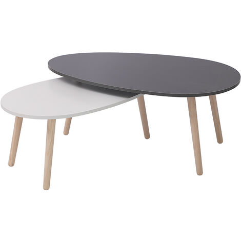Lot de 2 Table Basse ovale Table d’appoint MDF, Table Basse Gigognes Table d'appoint Design Scandinave, Pieds en Hêtre, Gris foncé + Blanc