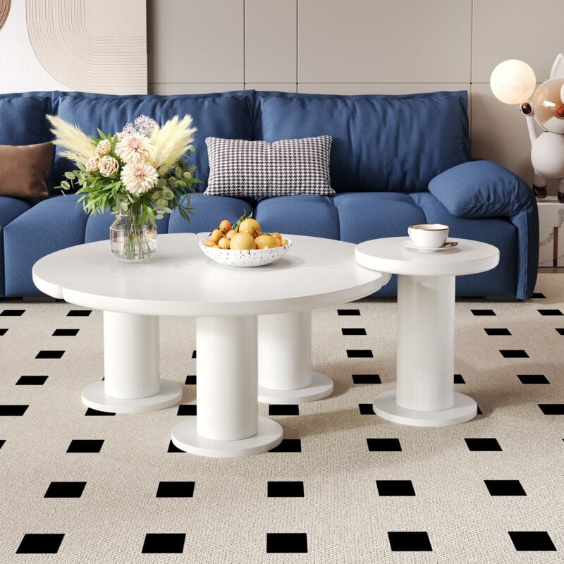 Fortuna Lai - Lot de 2 table basse ronde - plateau en mdf peint et pieds en pvc - 39,8 x 39,8 x 42,2 + 100 x 100 x 40 cm - blanc