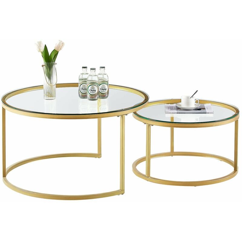 Eggree - Tables Basses Gigognes Rondes Style Scandinave - Table de Salon - 80 x 45 cm et 60 x 35 cm - Plateau en Verre, Pieds en Métal Doré