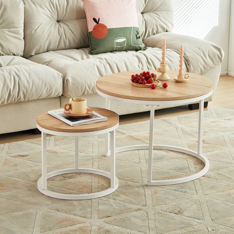 Eggree - Lot de 2 Tables Basses Gigognes Style Scandinave - Tables Basses Rondes pour Salon - 60 x 45 cm et 40 x 35 cm - Couleur Chêne