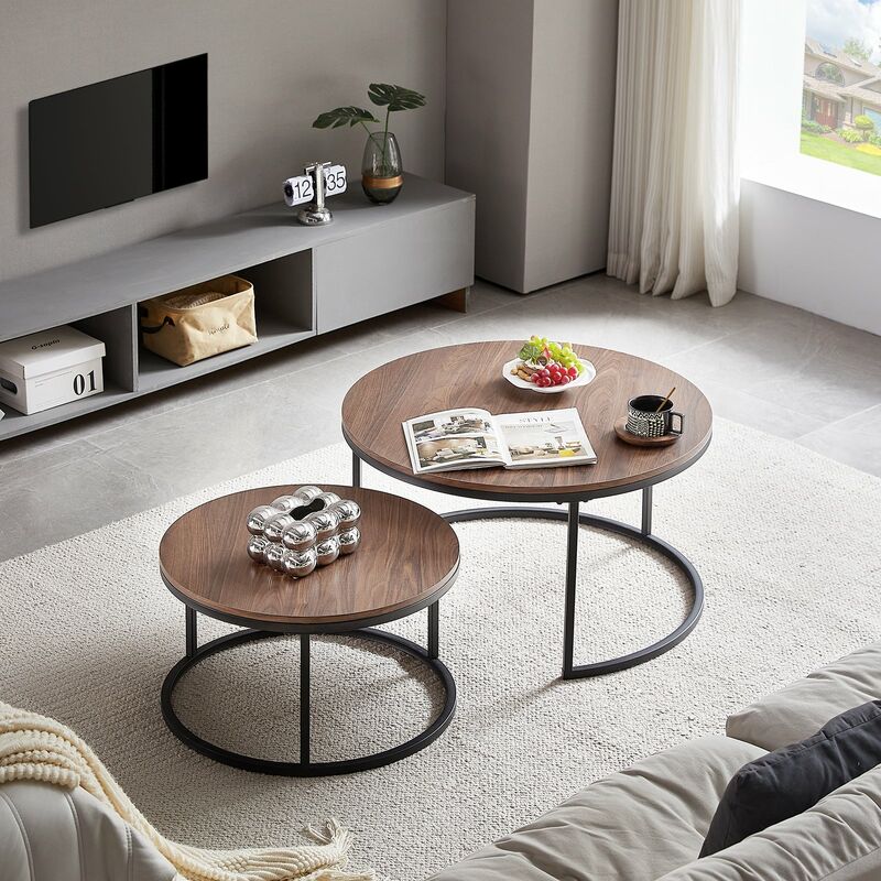 Eggree - Lot de 2 table basse scandinave-table basse gigogne Ronde-table salon-80x45cm/60x35cm-couleur Marron