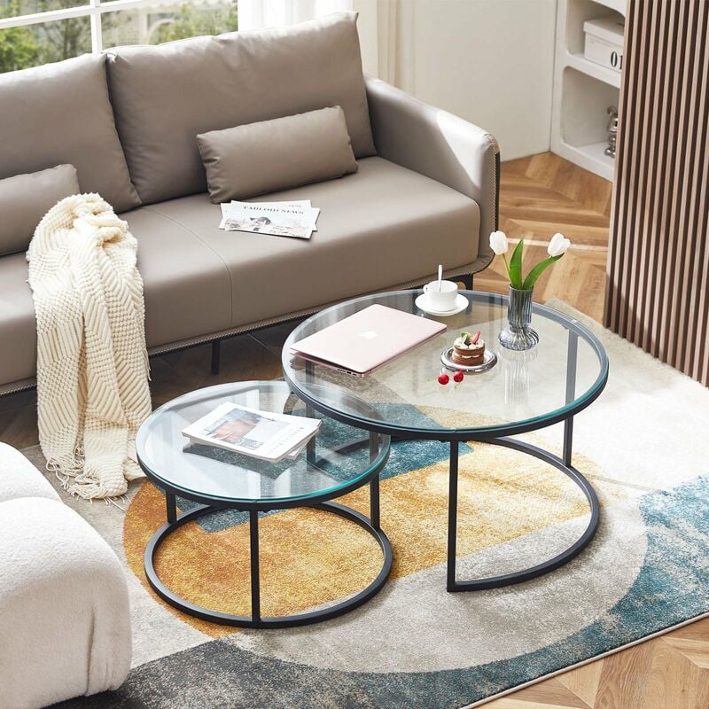 Eggree - Lot de 2 Tables Basses Rondes avec Cadre Métallique Robuste et Verre Trempé