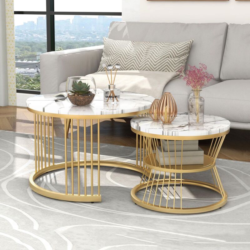 Dans Les Nuages - Lot de 2 Table basses gigogne rondes, 70 cm - plateau brillant en bois effet marbre pvc, pieds métal, design moderne - Doré
