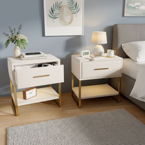 Lot de 2 Table de chevet 1 tiroir, piètement en métal doré, velours, compartiments ouverts, éclairage LED RVB, style scandinave, table d'appoint - Beige