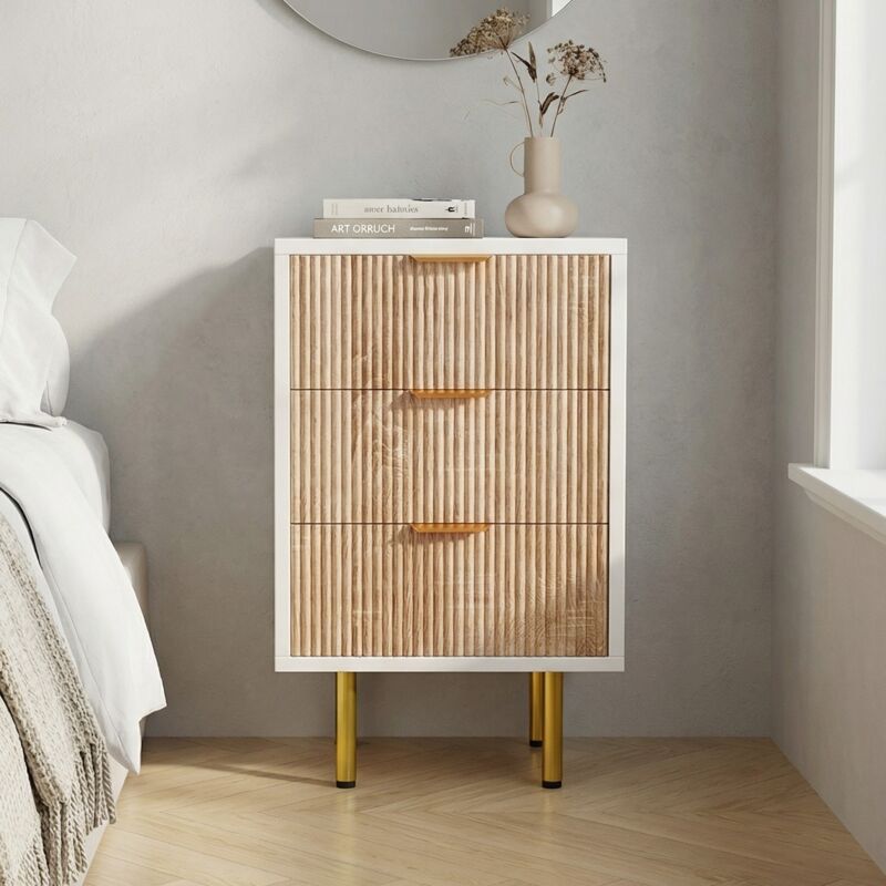 Lot de 2 Table de chevet 3 tiroirs, panneau bois rainuré, pieds métal doré, commode chambre bicolore, 40 x 40 x 65 cm - Blanc Lot de 2 Table de chevet 3 tiroirs, panneau bois rainuré, pieds métal doré, commode chambre bicolore, 40 x 40 x 65 cm - Blanc