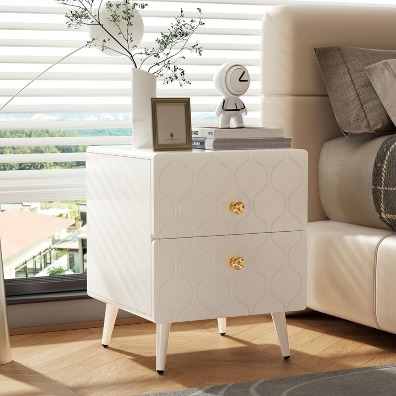 Lot de 2 Table de chevet avec poignées dorées et 2 tiroirs, motif vagues, blanc