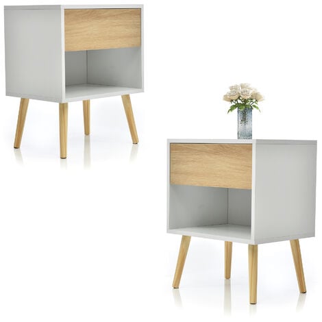 Lot de 2 Table de chevet 56 x 44 x 33 cm - avec tiroirs et Compartiment de stockage - Naturel + Blanc