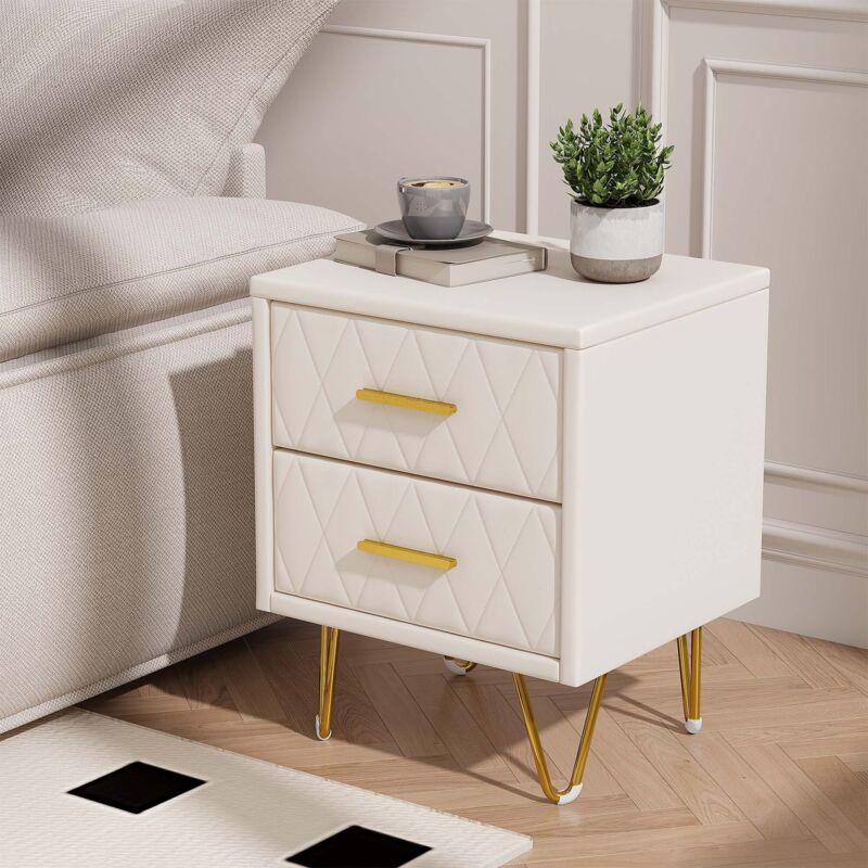 Lot de 2 Table de chevet avec 2 tiroirs, Table de nuit moderne avec poignées et pieds en métal dorés, Surface en cuir, 41x35,5x51 cm, Beige