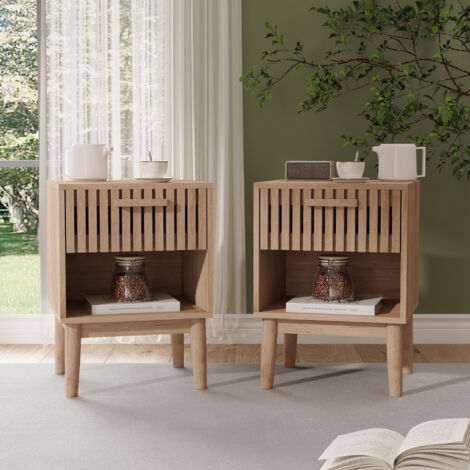 Lot de 2 Table de chevet avec tiroir, compartiment ouvert, meuble de rangement, table de nuit bois massif - Naturel