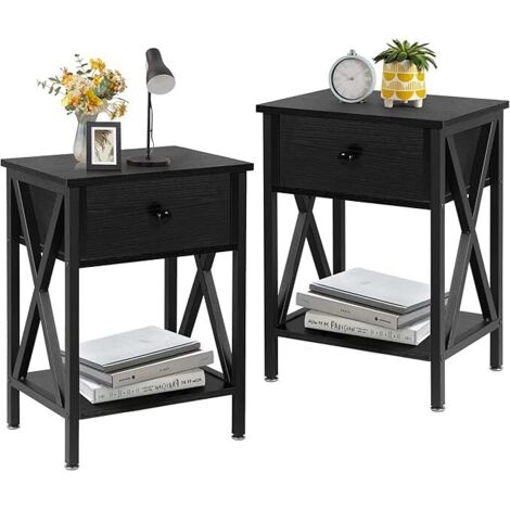 Lot de 2 Table de Chevet avec Tiroir et Compartiment Ouvert Hauteur 55 cm, Pied en Métallique pour Salon, Chambre, Canapé, Noir