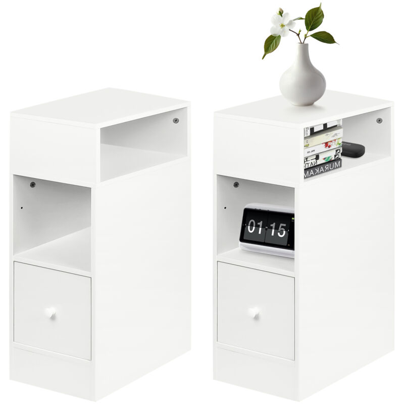 Lot de 2 Table de Chevet blanc avec 1 tiroir pour Salon Chambre Bureau