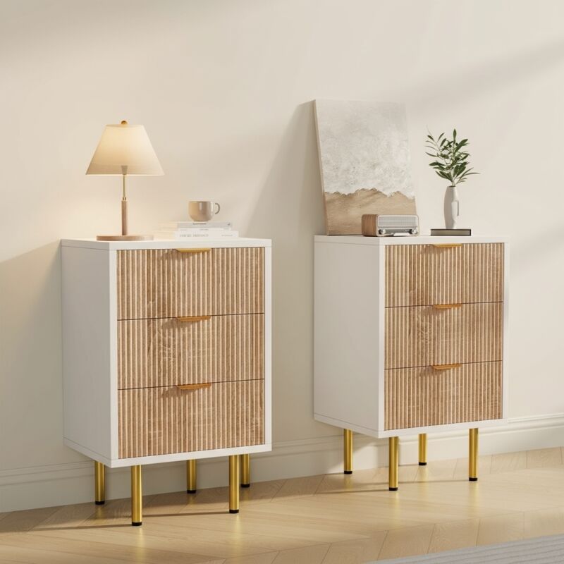 Lot de 2 table de chevet en bois, 40x40x65 cm, rectangulaire, table d'appoint avec 3 tiroirs de rangement, poignées et pieds en métal, scandinave