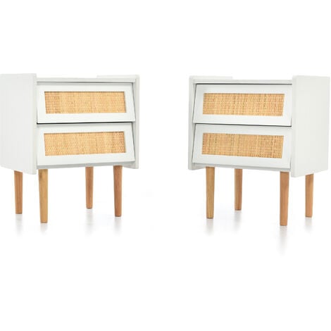 Lot de 2 Table de chevet en bois massif 55 x 43 x 35 cm - avec 2 tiroirs, façades de tiroirs en rotin pour compléter n'importe quel lit et chambre - Blanc + Naturel - LBF