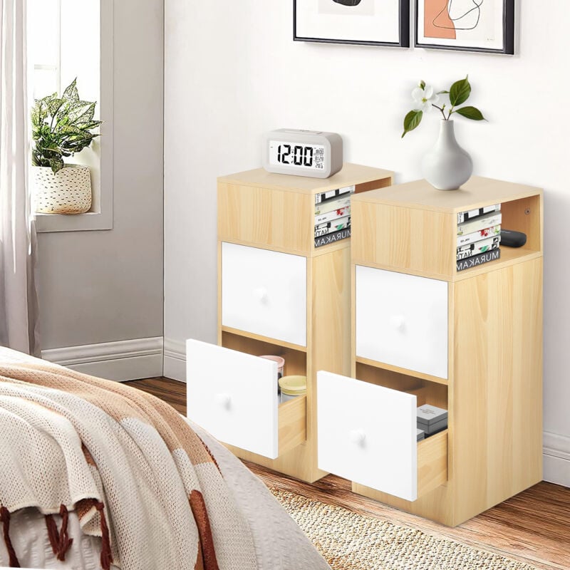 Lot de 2, Table de Chevet Étroite, Table d'Appoint avec 2 Tiroirs et Compartiment Ouvert, pour Chambre, Salon, Chêne