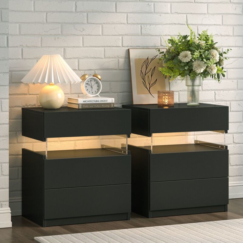 Cubehom Lot de 2 table de chevet LED à 3 tiroirs Table de chevet en acrylique pour chambre à coucher Salon , Noir