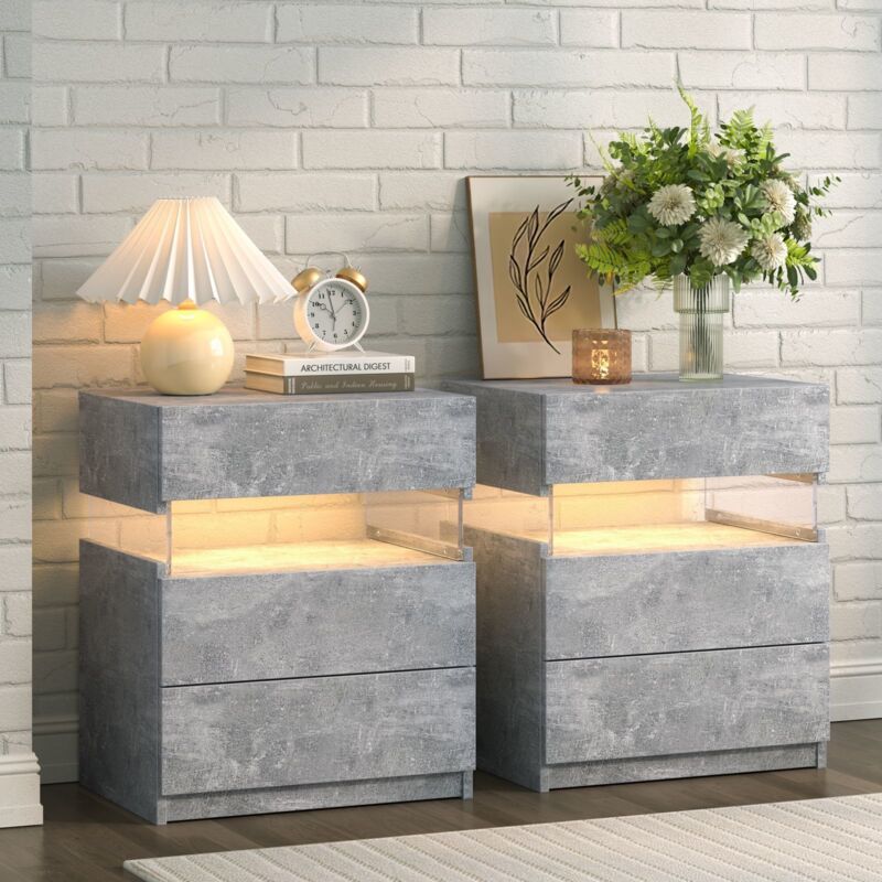 Cubehom Lot de 2 table de chevet LED à 3 tiroirs Table de chevet en acrylique pour chambre à coucher Salon,Gris