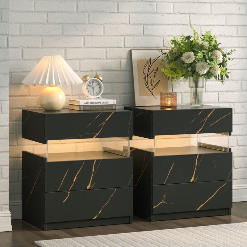 Cubehom Lot de 2 table de chevet LED à 3 tiroirs Table de chevet en acrylique pour chambre à coucher Salon ，Noir doré