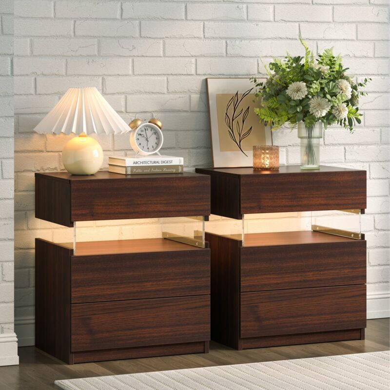 Cubehom Lot de 2 table de chevet LED à 3 tiroirs Table de chevet en acrylique pour chambre à coucher Salon ，Couleur noyer